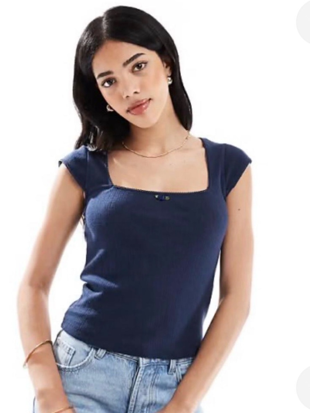 Hollister Navy Ribbed Square-Neck Cap Sleeve Tee